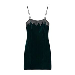 Zara dark green velvet mini dress with rhinestone fringe